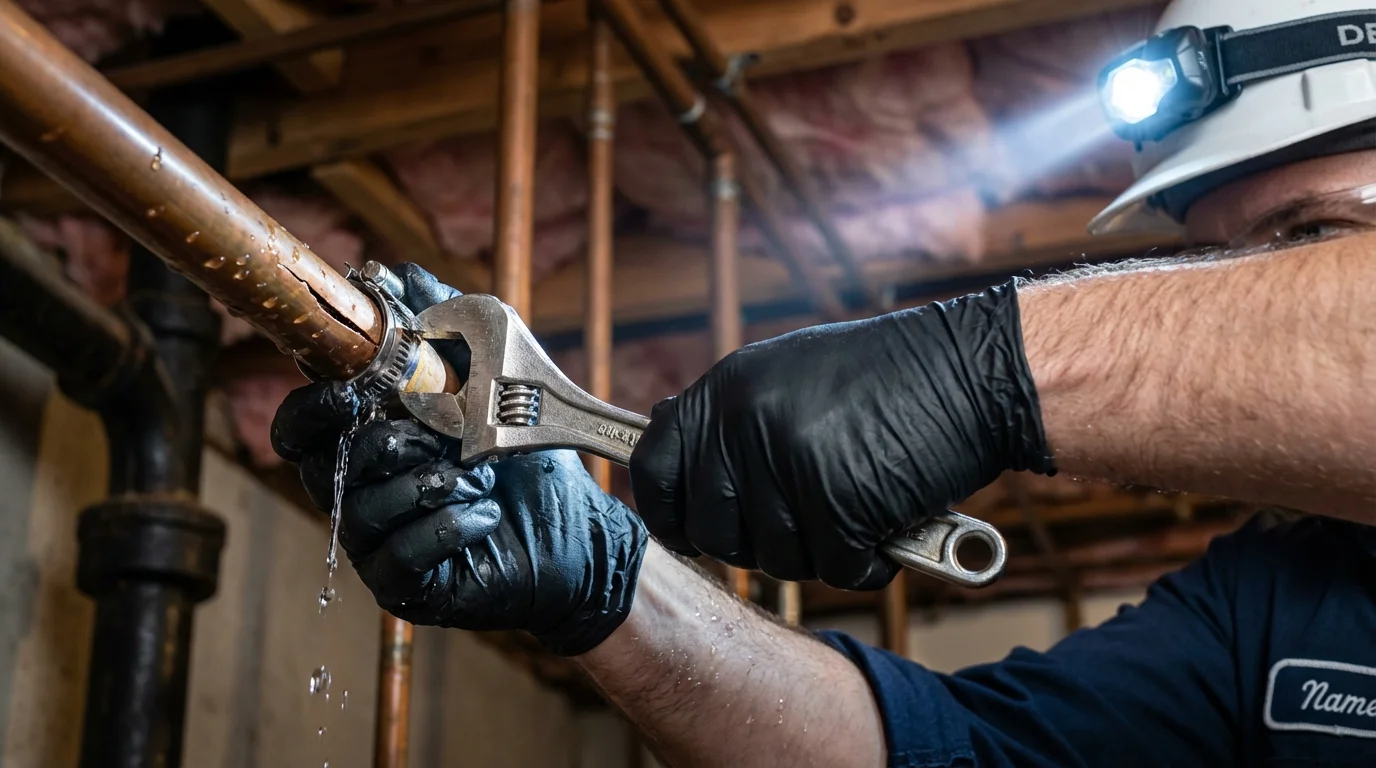 Emergency pipe clamp repair being performed by a Johns Plumbing LLC plumber in Lyndhurst