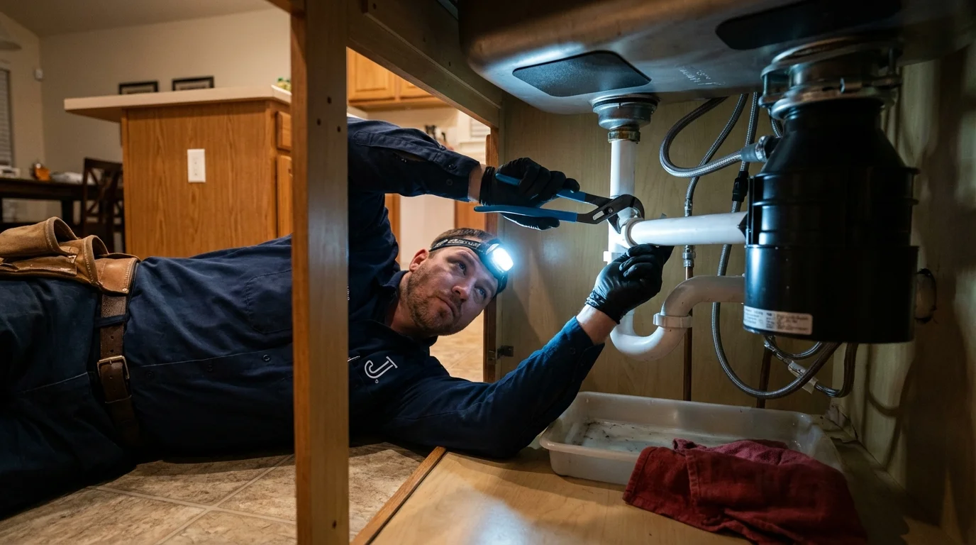 P-trap and supply line connections under a kitchen sink showing a common leak point in Lyndhurst, NJ